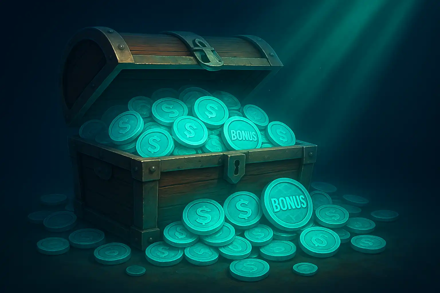 Treasure chest overflowing with glowing turquoise coins and bonus tokens