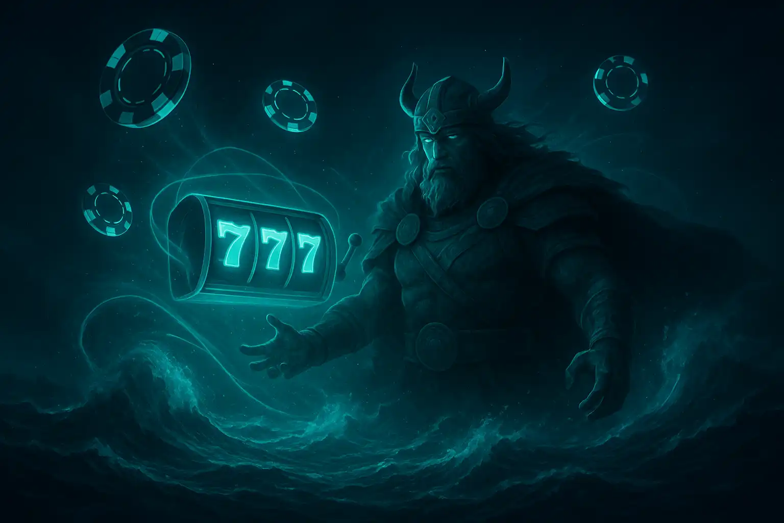 Glowing slot reels and poker chips floating above dark turquoise ocean waves at night