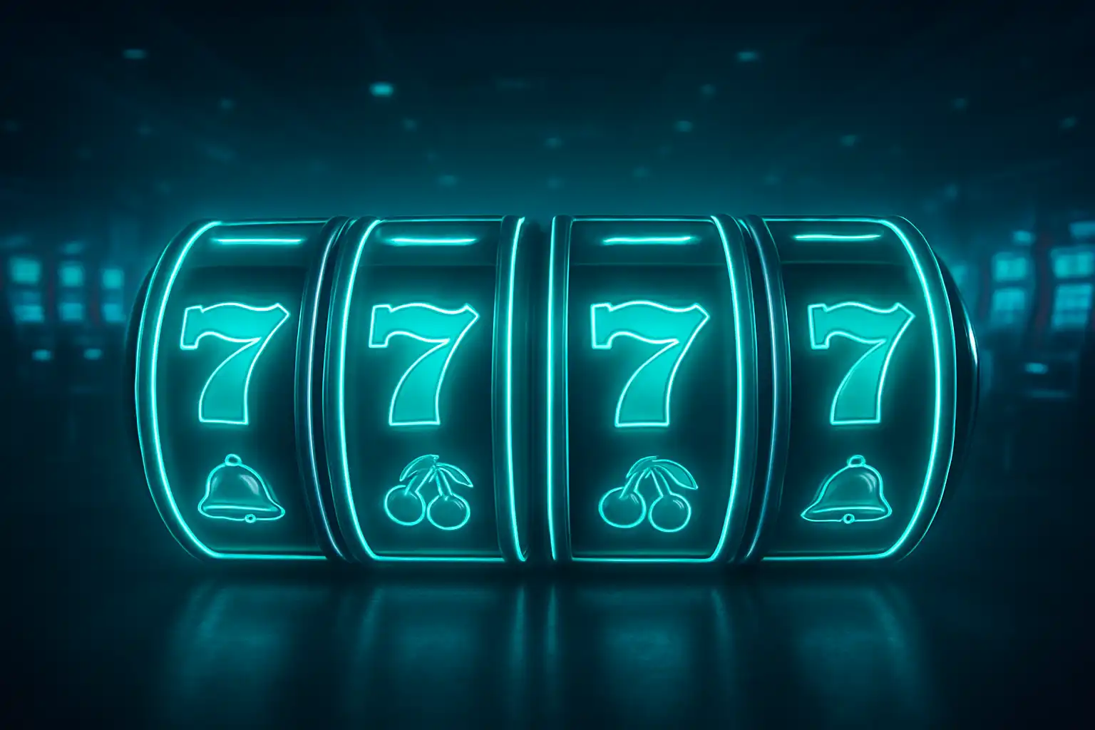 Glowing slot machine reels lined up with turquoise neon lighting in a dark casino hall